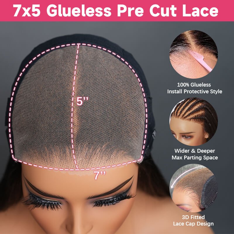 7×5 Glueless Pre Cut Lace: Install Protective Style & Wider and Deeper Max Parting Space & 3D Fitted Lace Cap Design_detail