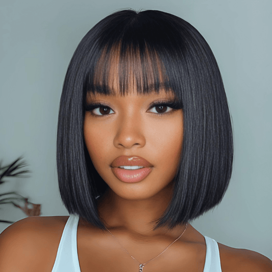 80% Off Black Brazilian Straight Bob Wig With Full Bangs For Daily Wear